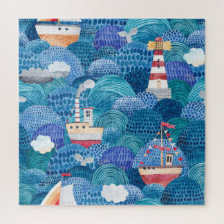 Quebra-cabeça Navios e Faróis: Aquarela Infantil