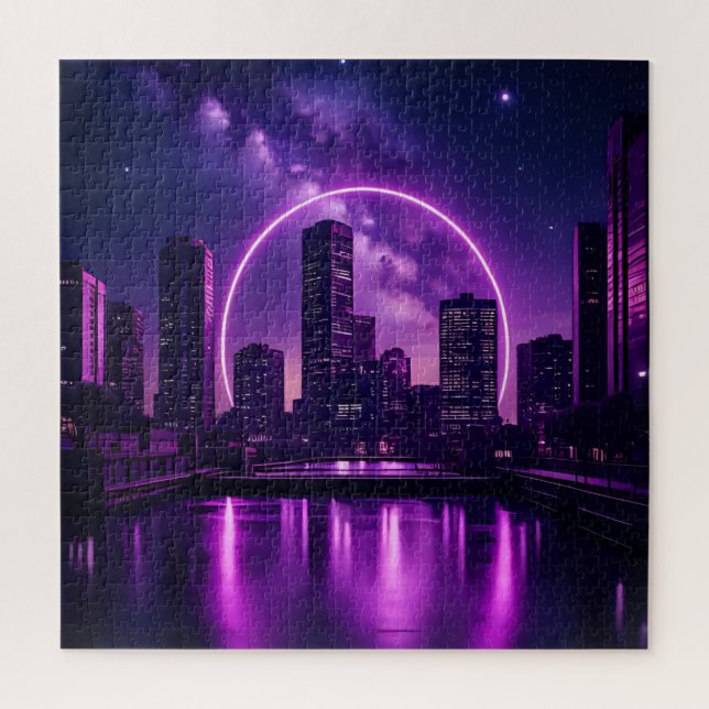 Quebra-cabeça Neon Cyberpunk Cityscape - Roxo futurístico (Vertical)