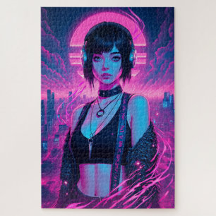 Quebra-cabeça Neon Retro Cyber Punk Rock Girl Poster