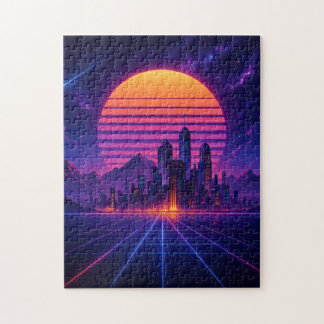 Quebra-cabeça Neon Skyline Horizon – Retro Synthwave Cityscape
