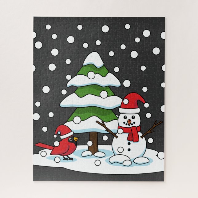 Quebra-cabeça Neve Caindo no Cardeal, Snowman e Pine Tree (Vertical)