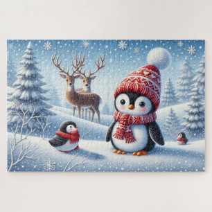 Quebra-cabeça Neve coberta de floresta com pinguins e renas
