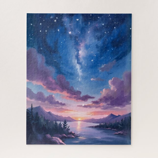 Quebra-cabeça Night Sky | Starry Lake Purple Watercolor (Vertical)
