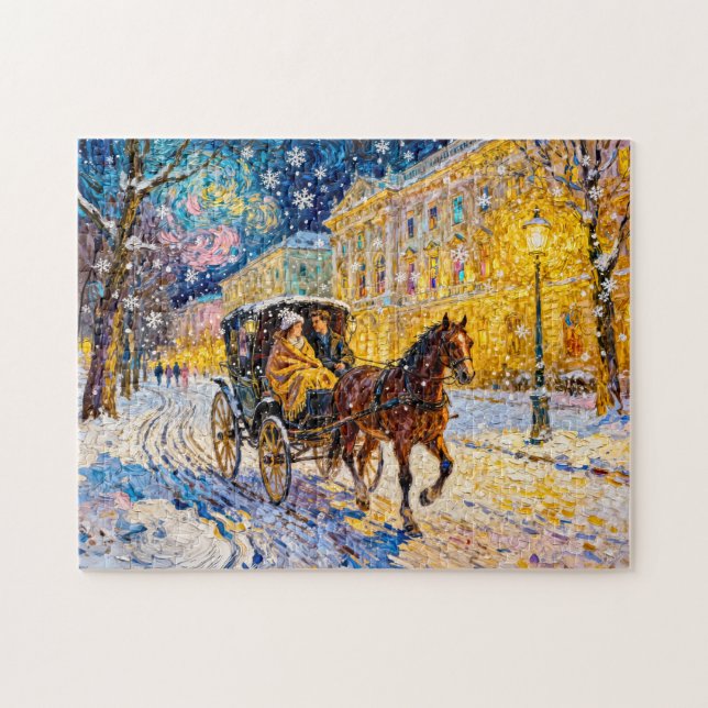 Quebra-cabeça Noite de cidade nevada impressionista com carruage (Horizontal)