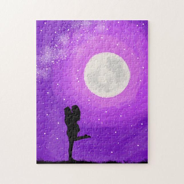 Quebra-cabeça Noite de Encontro ao Luar Casal Céu Estrelado Roxo (Vertical)