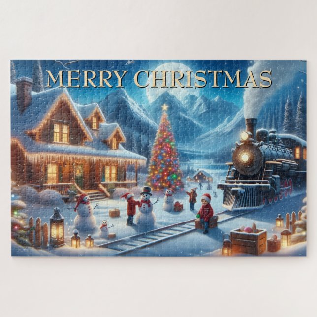 Quebra-cabeça Noite de Inverno Nevado com Trem de Natal & Boneco (Horizontal)