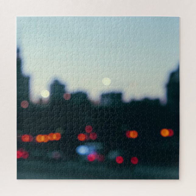 Quebra-cabeça Noite de Varsóvia: Silhueta Blurry Cityscape. (Vertical)