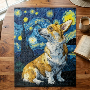 Quebra-cabeça Noite Estrelada Corgi Cachorro Arte Impressionista