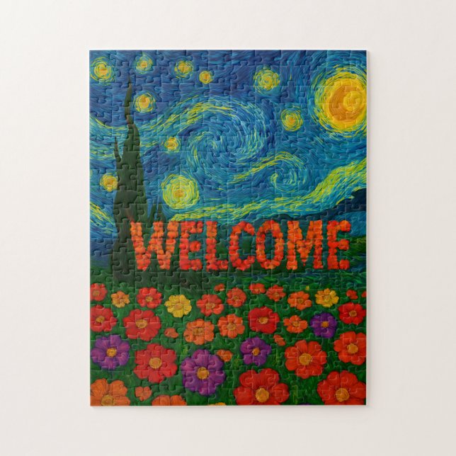 Quebra-cabeça Noite Estrelada Floral Bem-vindo Desenho Artístico (Vertical)