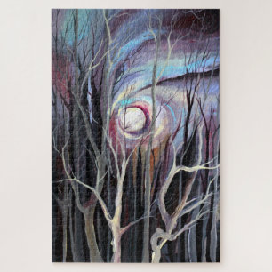 Quebra-cabeça Noite fria de inverno com pintura de lua cheia