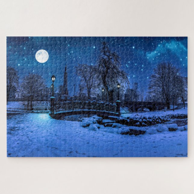 Quebra-cabeça Noite mágica de inverno com céu estrelado e lua ch (Horizontal)
