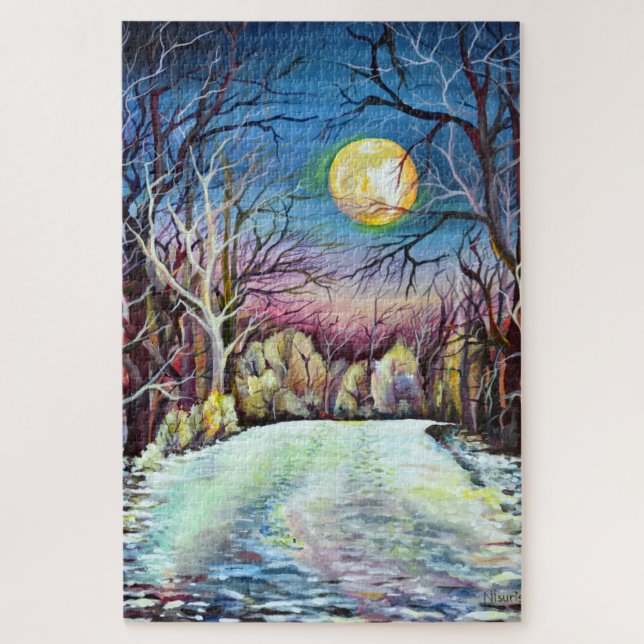 Quebra-cabeça Noite Silenciosa Inverno Cheia Lua na Suecia (Vertical)