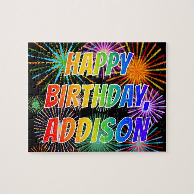 Quebra-cabeça Nome "ADDISON", Diversão "FELIZ ANIVERSÁRIO" (Horizontal)