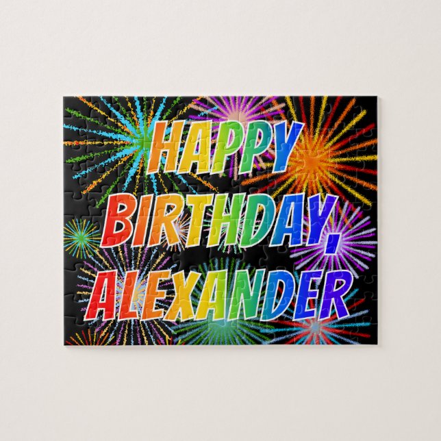 Quebra-cabeça Nome "ALEXANDER", Diversão "FELIZ ANIVERSÁRIO" (Horizontal)