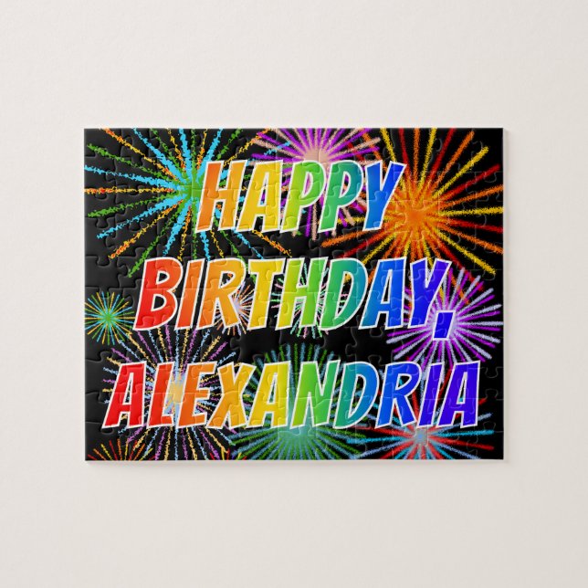 Quebra-cabeça Nome "ALEXANDRIA", Diversão "FELIZ ANIVERSÁRIO" (Horizontal)