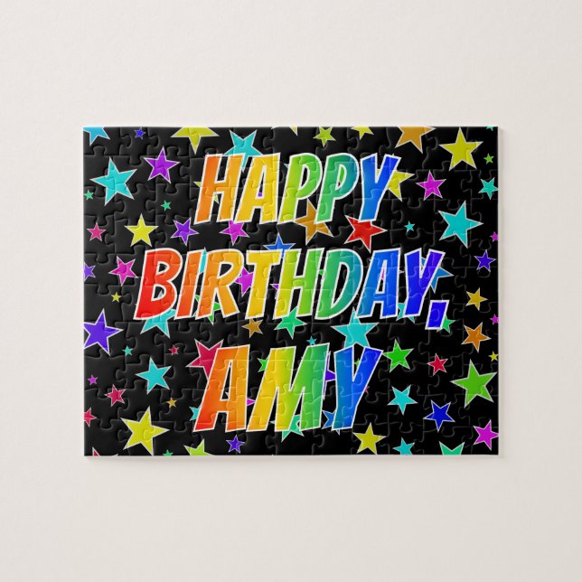 Quebra-cabeça Nome "AMY", Diversão "FELIZ ANIVERSÁRIO" (Horizontal)