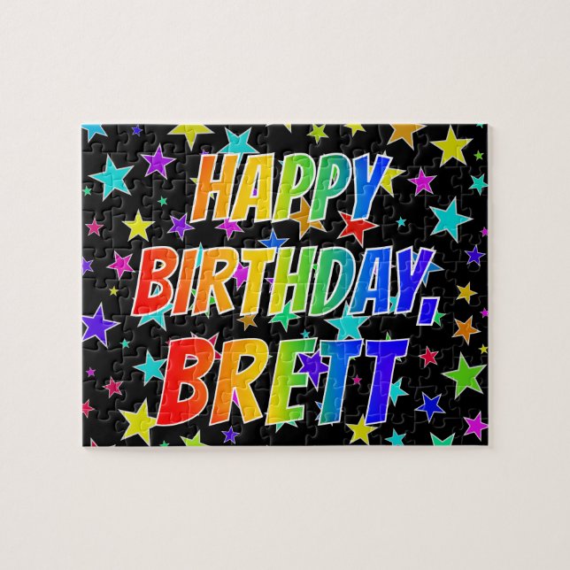 Quebra-cabeça Nome "BRETT", Diversão "FELIZ ANIVERSÁRIO" (Horizontal)