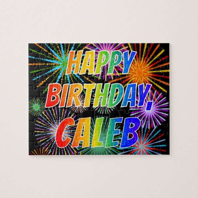 Quebra-cabeça Nome "CALEB", Diversão "FELIZ ANIVERSÁRIO" (Horizontal)