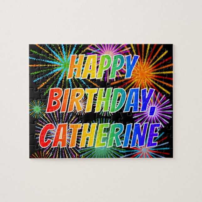 Quebra-cabeça Nome "CATHERINE", Diversão "FELIZ ANIVERSÁRIO" (Horizontal)