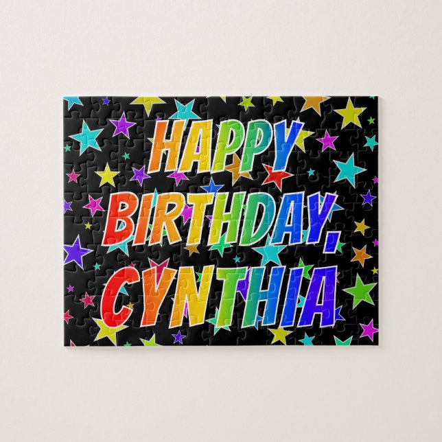 Quebra-cabeça Nome "CYNTHIA", Diversão "FELIZ ANIVERSÁRIO" (Horizontal)