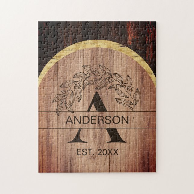 Quebra-cabeça Nome da família Farmhouse Rústico Madeira Monogram (Vertical)