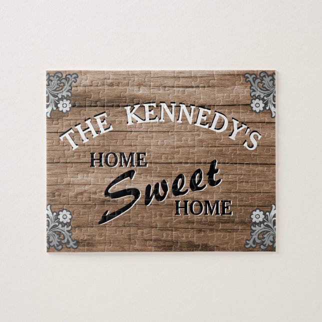 Quebra-cabeça Nome da Família Personalizada de Madeira Rústica E (Horizontal)