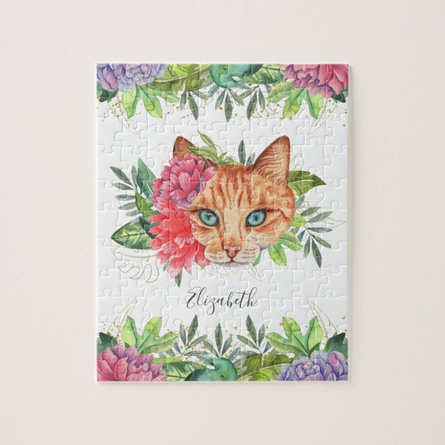 Quebra-cabeça Nome de Gato Floral de Olhos Azuis Fofos (Vertical)