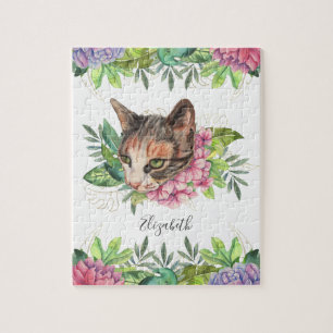 Quebra-cabeça Nome de Gato Floral de Olhos Verdes Fofo