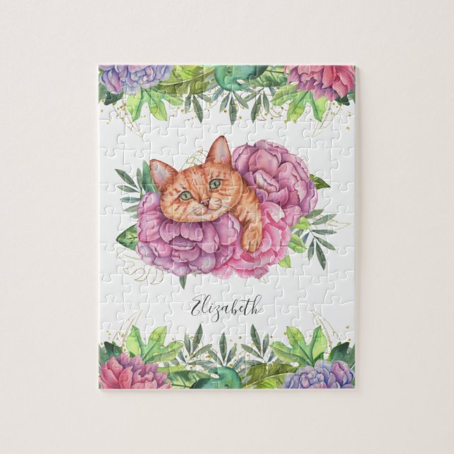 Quebra-cabeça Nome de Gato Floral Fofo Adorável (Vertical)