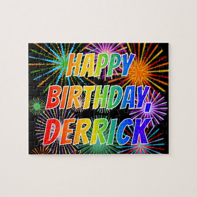 Quebra-cabeça Nome "DERRICK", Diversão "FELIZ ANIVERSÁRIO" (Horizontal)