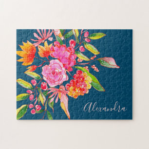 Quebra-cabeça Nome do Marinho das Flores de Aquarelas Rosa e Lar