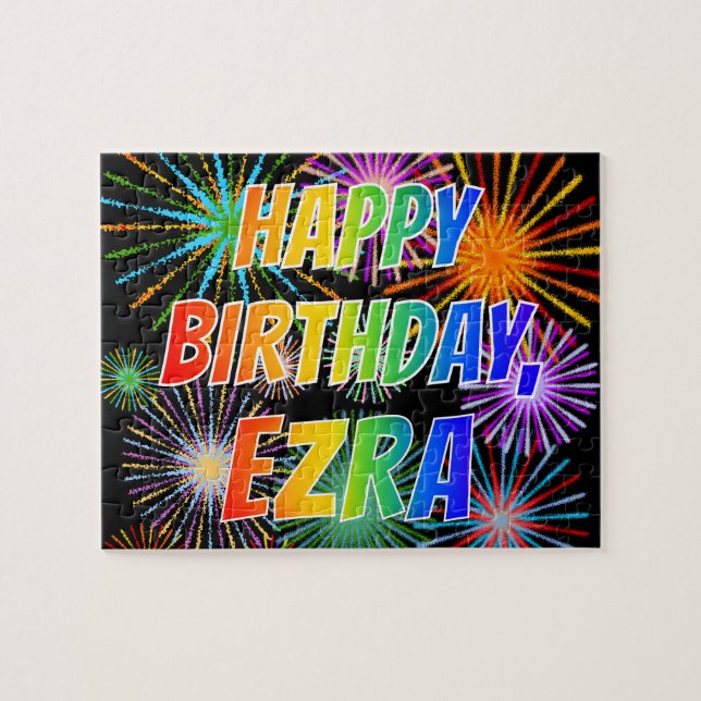 Quebra-cabeça Nome "EZRA", Diversão "FELIZ ANIVERSÁRIO" (Horizontal)
