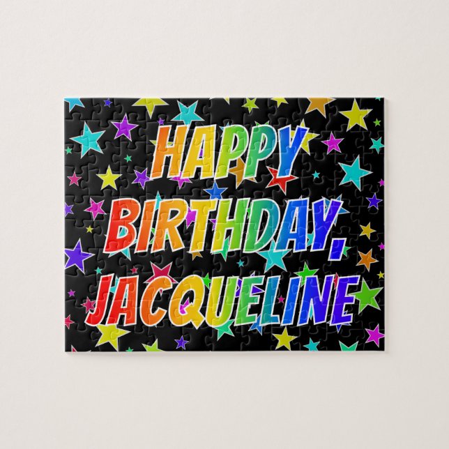 Quebra-cabeça Nome "JACQUELINE", Diversão "FELIZ ANIVERSÁRIO" (Horizontal)