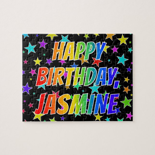Quebra-cabeça Nome "JASMINE", Diversão "FELIZ ANIVERSÁRIO" (Horizontal)