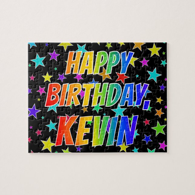 Quebra-cabeça Nome "KEVIN", Diversão "FELIZ ANIVERSÁRIO" (Horizontal)