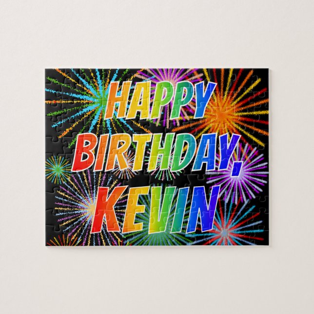 Quebra-cabeça Nome "KEVIN", Diversão "FELIZ ANIVERSÁRIO" (Horizontal)