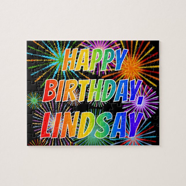 Quebra-cabeça Nome "LINDSAY", Diversão "FELIZ ANIVERSÁRIO" (Horizontal)