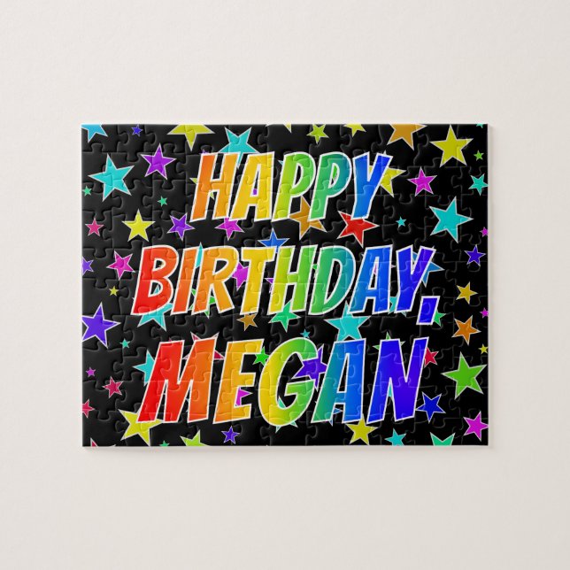 Quebra-cabeça Nome "MEGAN", Diversão "FELIZ ANIVERSÁRIO" (Horizontal)