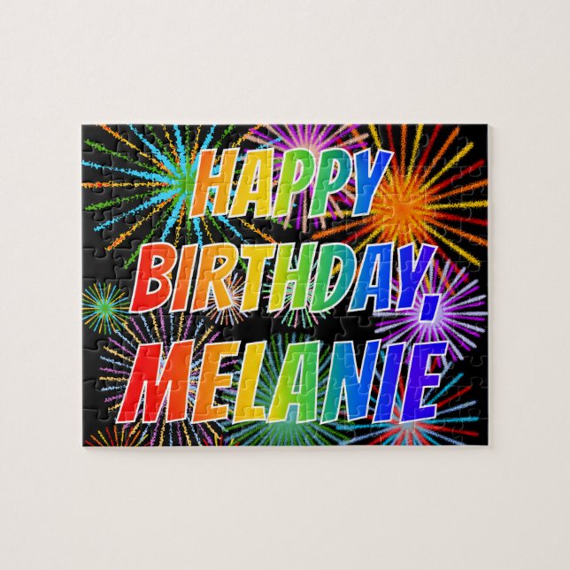 Quebra-cabeça Nome "MELANIE", Diversão "FELIZ ANIVERSÁRIO" (Horizontal)