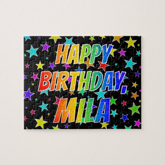 Quebra-cabeça Nome "MILA", Diversão "FELIZ ANIVERSÁRIO" (Horizontal)