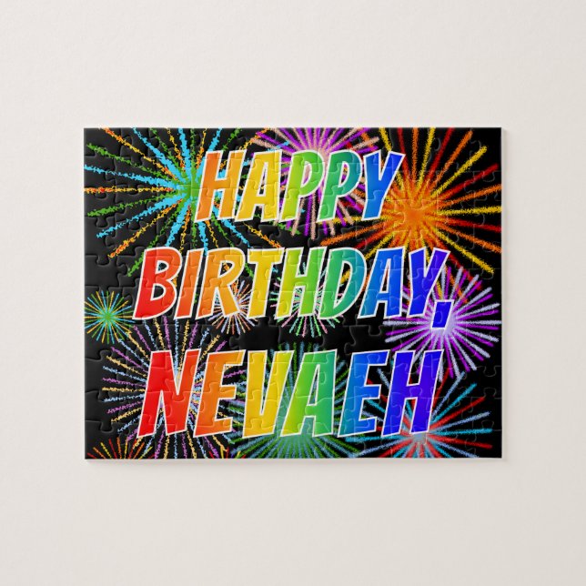 Quebra-cabeça Nome "NEVAEH", Diversão "FELIZ ANIVERSÁRIO" (Horizontal)