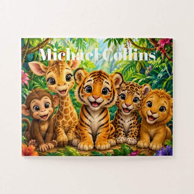 Quebra-cabeça Nome Personalizado Bebê Animais da Selva (Horizontal)