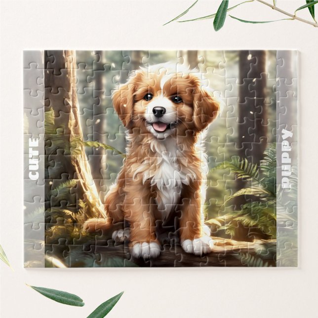 Quebra-cabeça Nome Personalizado da Floresta de Cachorro Cachorr (Cute Dog Watercolor Puppy Forest Custom Name Jigsaw Puzzle)