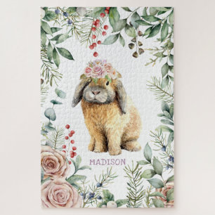 Quebra-cabeça Nome Personalizado do Coelho Floral de Coelho de W