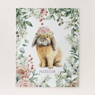 Quebra-cabeça Nome Personalizado do Coelho Floral de Coelho de W