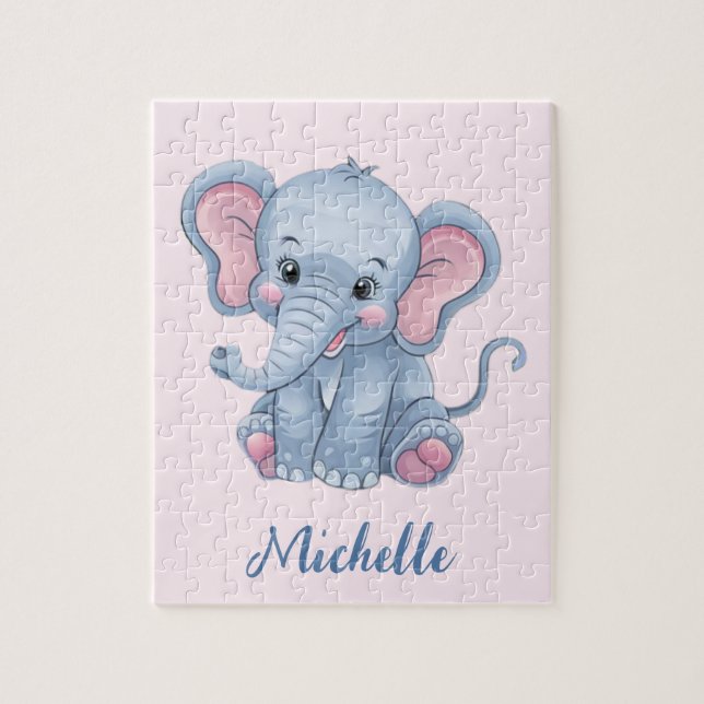 Quebra-cabeça Nome personalizado do elefante azul rosa (Vertical)