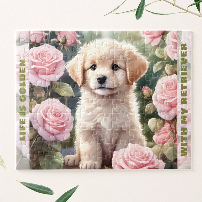 Quebra-cabeça Nome Personalizado do Retriever de Ouro de Cachorr (Cute Dog Golden Retriever Puppy Custom Name Jigsaw Puzzle)