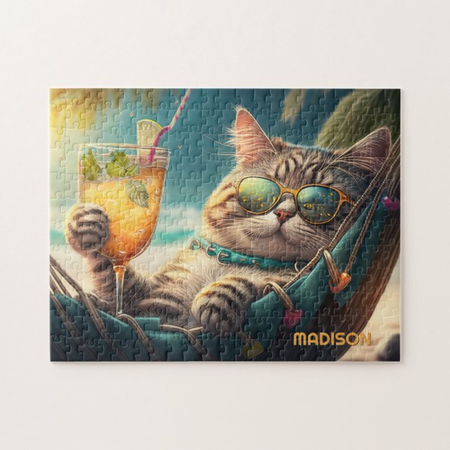 Quebra-cabeça Nome Personalizado Gato de Férias (Horizontal)
