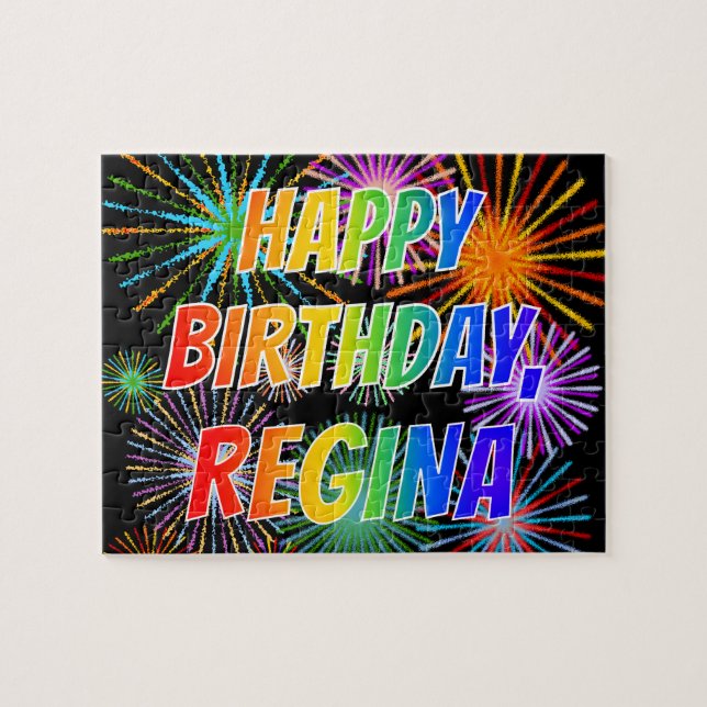 Quebra-cabeça Nome "REGINA", Diversão "FELIZ ANIVERSÁRIO" (Horizontal)