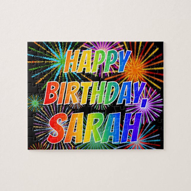 Quebra-cabeça Nome "SARAH", Diversão "FELIZ ANIVERSÁRIO" (Horizontal)
